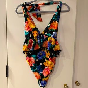 ASOS Floral Polka Dot Pom Pom Ruffle Maternity Halter Swimsuit Size 6